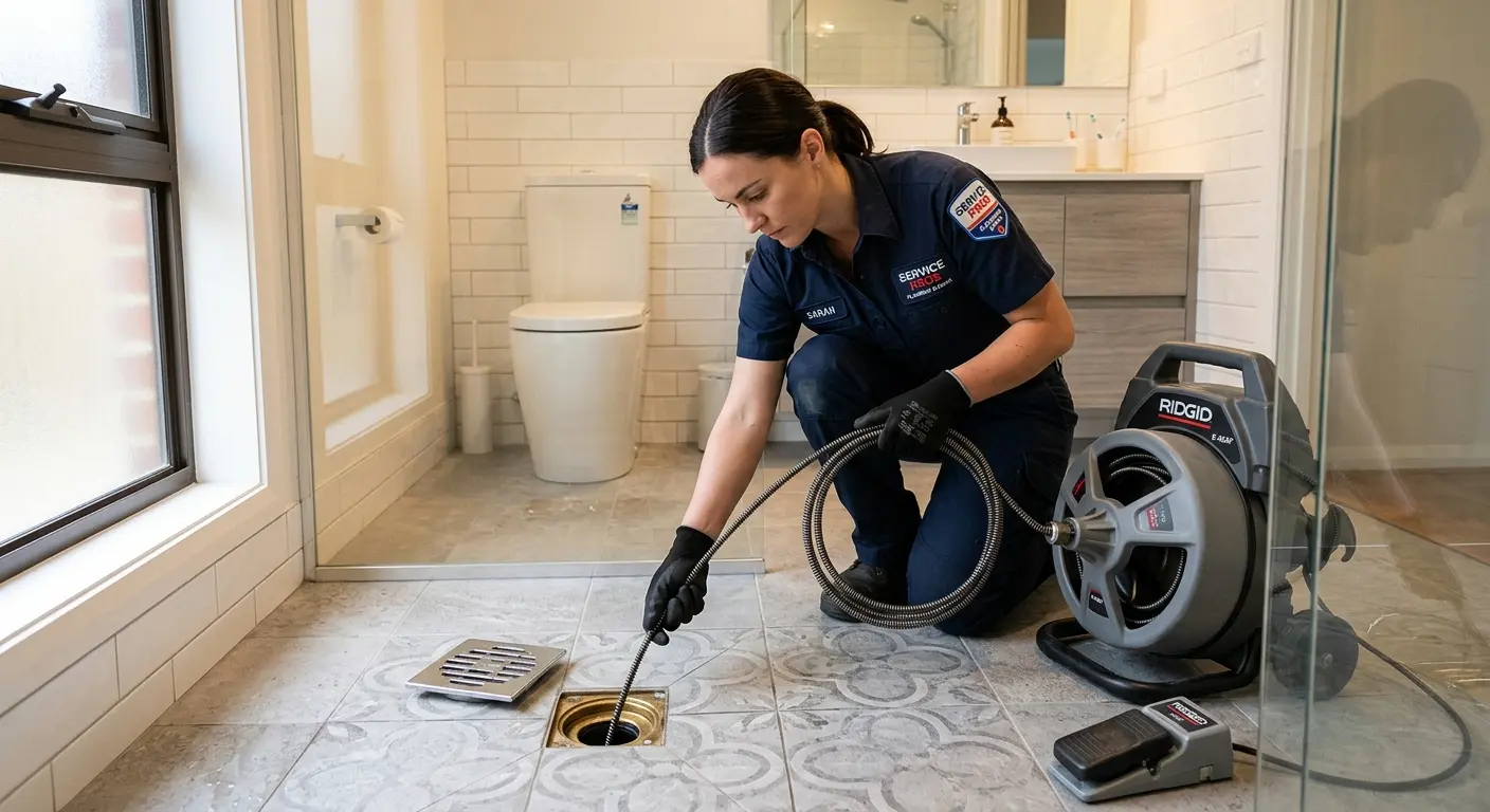 Technician clearing a bathroom floor drain for Clogged Drain Repair in Seabrook
